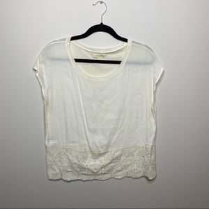 Madison Jules White Cropped Lace Bottom Blouse